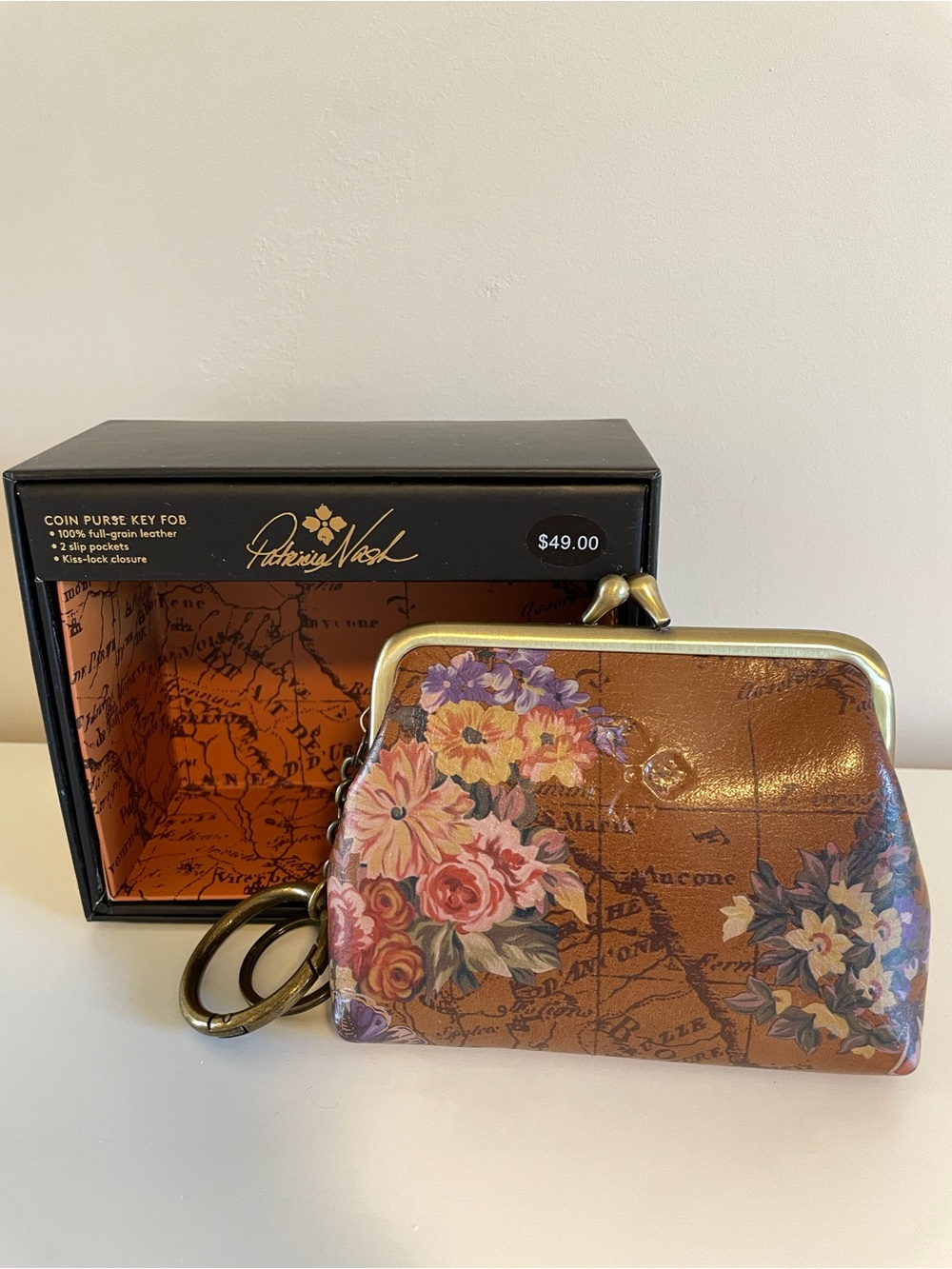 NWT Patricia Nash Brown Floral Leather Coin Purse Key Fob with Brass Frame